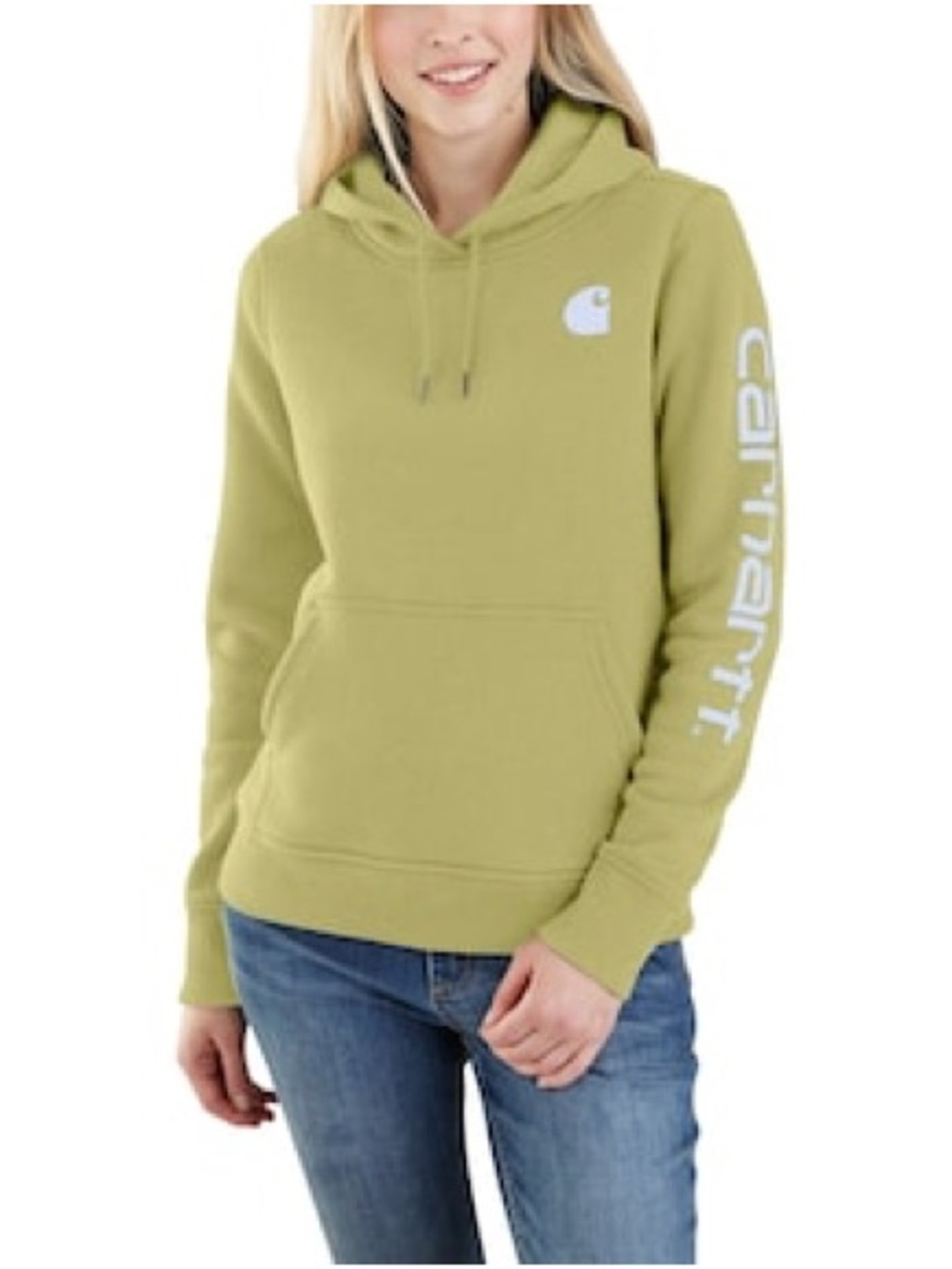 Carhartt Women's Olive Green Relaxed Fit Pullover Hoodie Logo Sleeve XS NWT